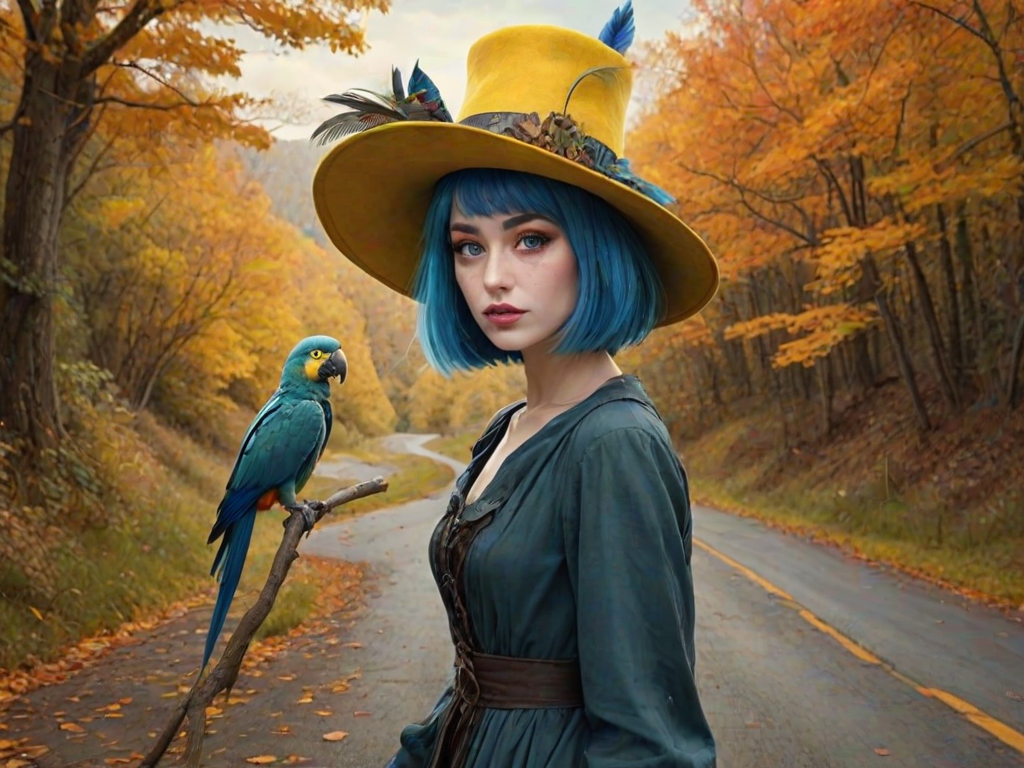 digital art fantasy depicting a strange girl with blue hair, long eyelashes, Yellow lipstick and a tall hat walking along a winding road on an autumn afternoon, an Parrot smiles as she passes
