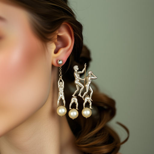 beautiful young lady with hair done up, and an exquisite pair of earings, made from mother of pearl, shimmering, and composed of different men in poses as he climbs up the long earing