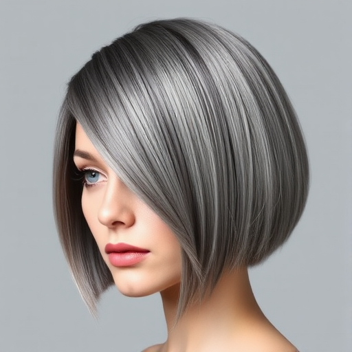 Striking monochromatic grey-haired icon with a sleek, chin-length bob featuring a precise middle part and blunt ends