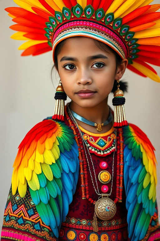 A beautiful Maya girl, wearing colorful bird clothing with vibrant colors