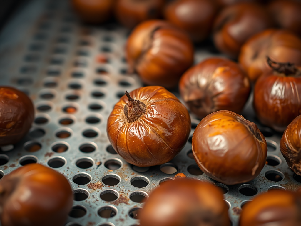 Close-up shot of roasted chestnuts on a perforated metal surface, natural lighting, f/8 aperture, ISO 100, 35mm focal length, DSLR camera, macro style.