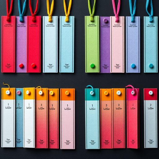 Generate a high-resolution illustration of colorful bookmarks arranged in two rows with four bookmarks each, using a DSLR camera, aperture f/2.8, ISO 100, 35mm focal length, top-down view, high contrast and vibrant colors.