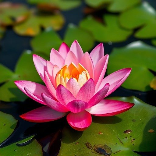 Photograph a pink water lily blooming amidst green lily pads on a pond, using a DSLR camera at f/2.8 aperture, 1/200 sec shutter speed, ISO 100, with a macro lens, at eye level, in natural light to enhance color saturation and detail.