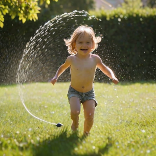 Blurry candid shot of a child running through a garden sprinkler on a hot summer day, water droplets sparkling in the soft sunlight, with distant flowers and trees gently swaying in the breeze.