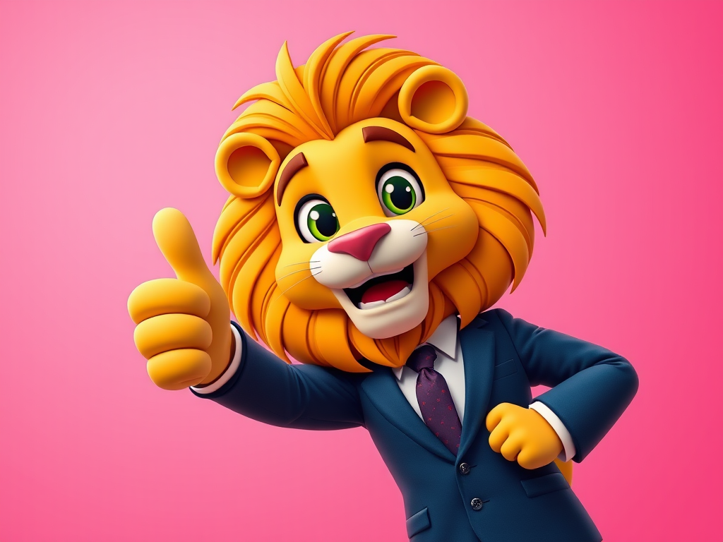 Create a vibrant cartoon character of a lion in a suit giving a thumbs up, with a bright pink background, using a Canon EOS R5, 50mm lens, aperture f/1.8, ISO 100, shot from a slightly low angle for a dynamic perspective.