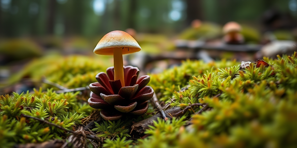 macro shot of a single mushroom on a pine cone surrounded by moss in a forest setting, low angle view, shallow depth of field, f/2.8 aperture, 1/100 sec shutter speed, ISO 200, natural soft lighting, DSLR camera