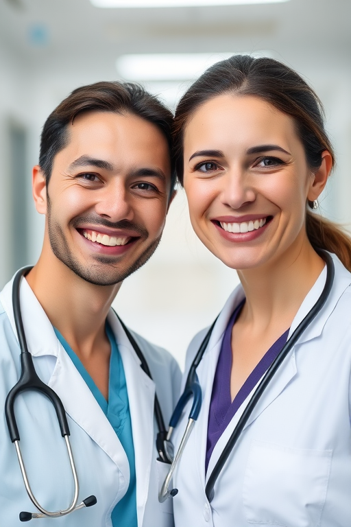 portrait of two smiling doctors in a modern hospital setting, with soft-focus background, natural lighting, ISO 200, f/2.8, 85mm lens, shot on a DSLR camera