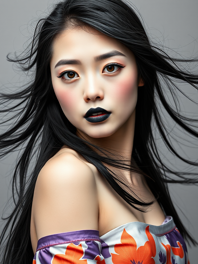 Photographic image of a beautiful young Ainu woman, brown eyes, lips with black lipstick, long hair fluttering in the wind and wearing a silk strapless dress with a soft purple and orange print. monochrome image with only color highlights in the iris of the eyes, lipstick and dress. Gray background.