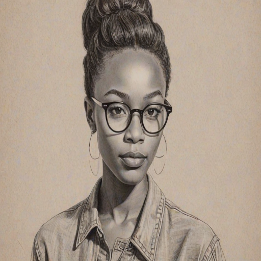 Gorgeous Ashton Sanders, pencil sketch, portrait of Fetching woman 1960s in glasses, hair style beatnik, outline, clear lines, fine lines, 8k