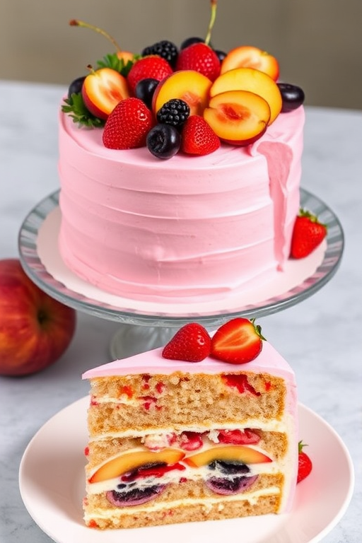 A beautifully decorated multi-layered cake with a smooth pink frosting topped with fresh strawberries, cherries, blackberries, and slices of peaches, displayed on a cake stand with a slice of the cake on a plate showcasing colorful layers of fruit and cream.