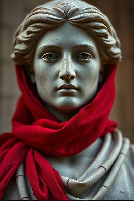 Create a hyper-realistic portrait of a classical statue wearing a vibrant red scarf, captured with a Canon EOS 5D Mark IV at f/1.8, ISO 100, 85mm lens, using soft diffused lighting and a shallow depth of field to enhance the facial details and textures.