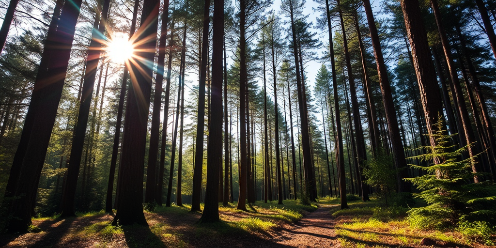 Create a high-resolution image of a serene forest scene with sunlight filtering through the trees, using a DSLR camera with a 50mm lens, aperture set to f/2.8, ISO 200, and a slight vignette effect for depth.