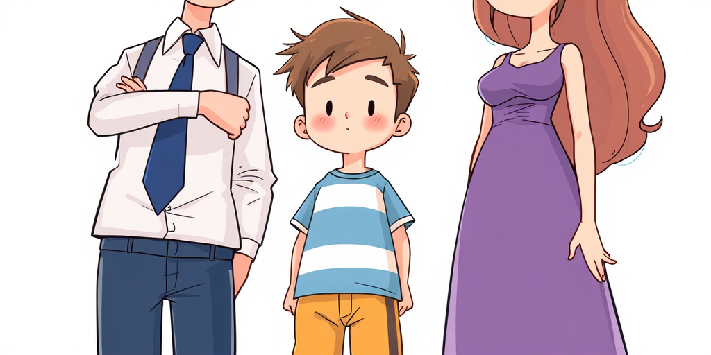 Create a detailed illustration of three cartoon characters standing together, the first character is a man wearing a tie and suit, the second is a young boy in a t-shirt and shorts, and the third is a woman in a dress, use vibrant colors and smooth lines, camera settings: 50mm lens, f/1.8 aperture, ISO 100, low angle view, soft focus style, DSLR camera type.