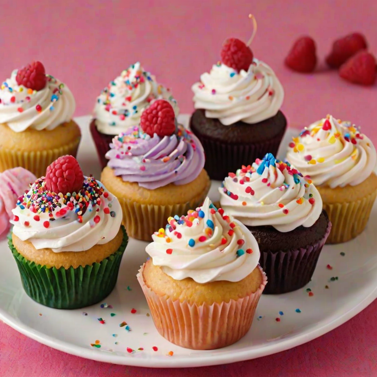 Create an image of a plate of decorated cupcakes. Each cupcake should have a swirl of creamy frosting and be topped with fresh raspberries and colorful sprinkles. The background should be bright and inviting, highlighting the sweetness of the treats.
