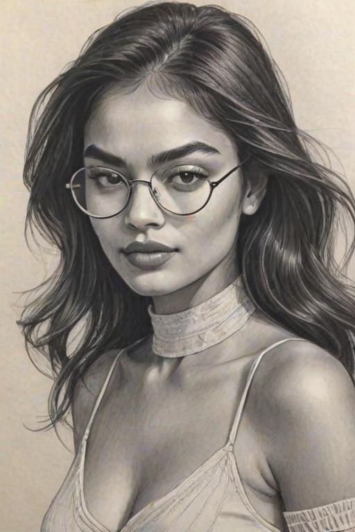 Bewitching Shanina Shaik, pencil sketch, portrait of Exquisite woman 1972s in glasses, hair style beatnik, outline, clear lines, fine lines, 8k