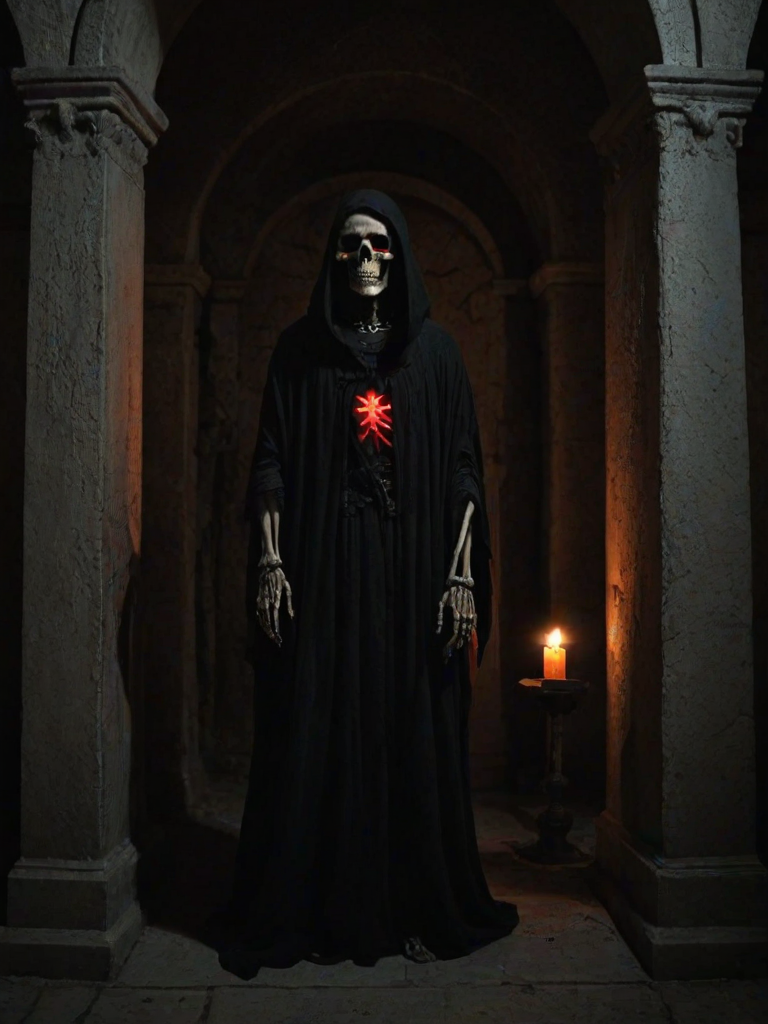 tomb, crypt, indoors, dark, shadows, skeleton, glowing red eyes, black tattered robe