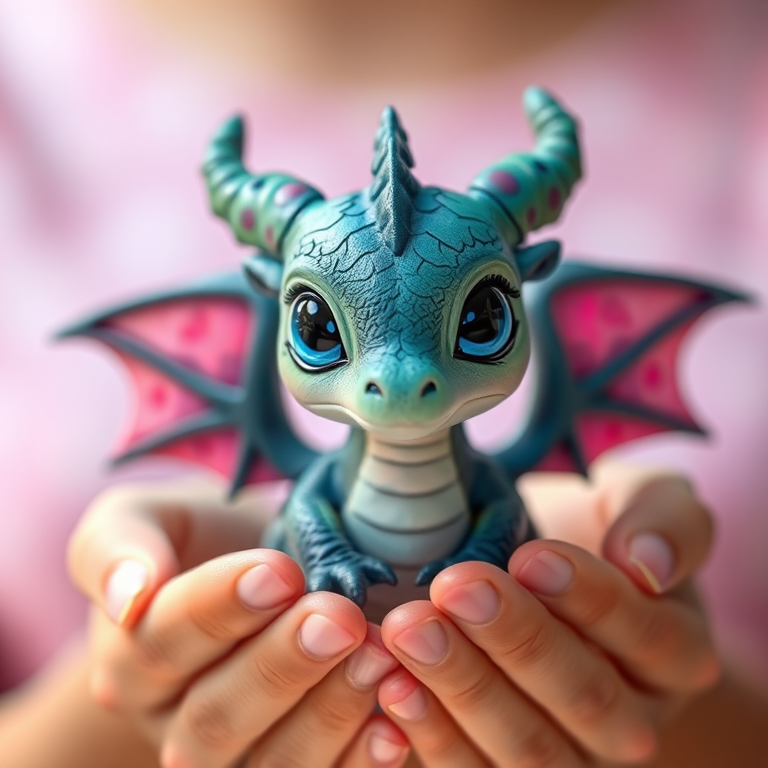 A cute dragon figurine with large blue eyes and pink spotted wings held in delicate hands, soft-focus background, taken with a Canon EOS R5, 85mm lens, f/1.4 aperture, ISO 200, natural light for soft shadows.
