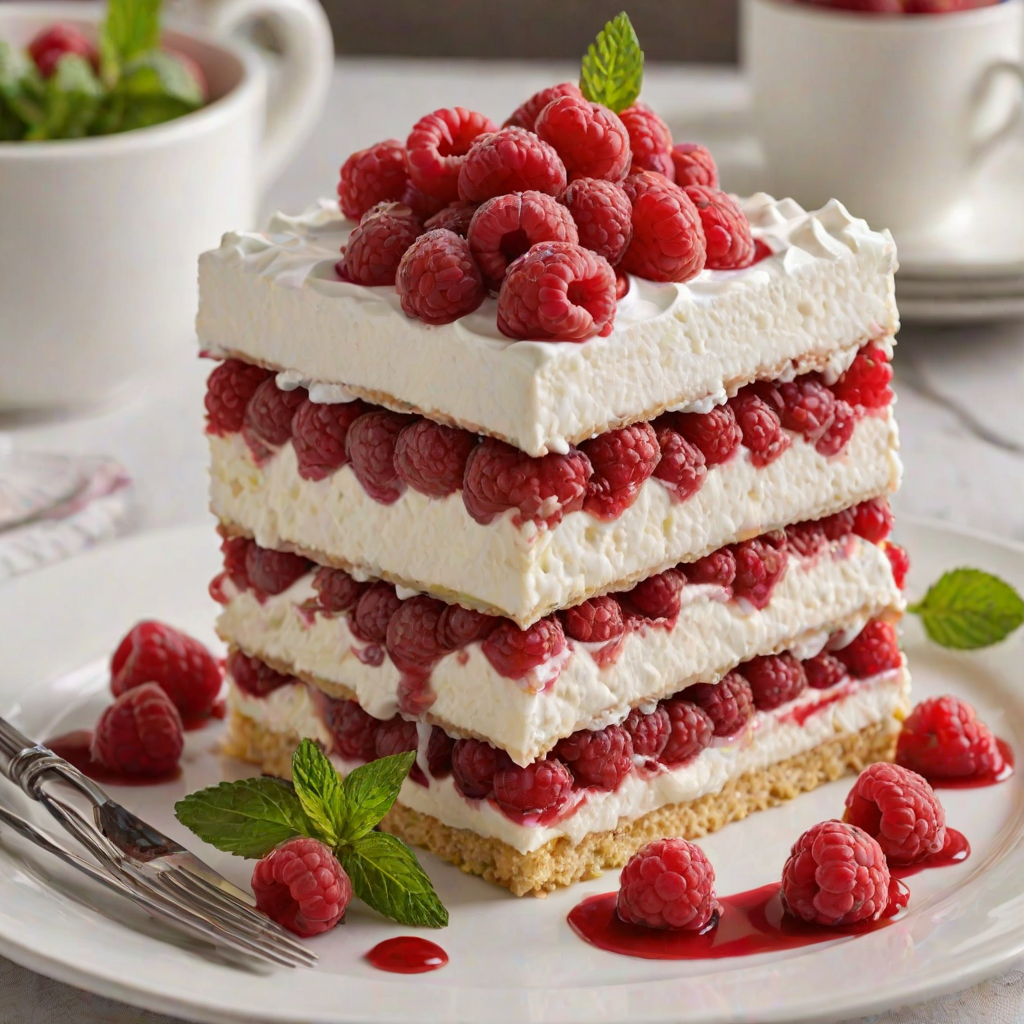Generate an image of a layered dessert featuring a rich raspberry filling, fluffy whipped cream on top, and a garnish of a fresh raspberry and mint leaf. The dessert should be served on a white plate with a drizzle of raspberry sauce. The layers should include sponge cake and fruit, creating a visually appealing treat.
