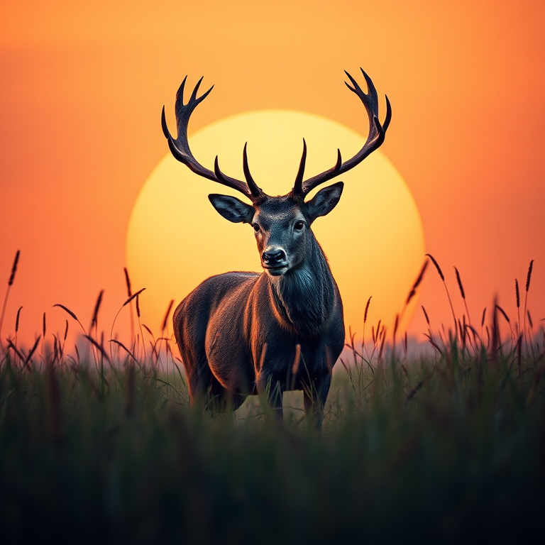 Create a highly detailed digital illustration of a stag with antlers standing amidst tall grass in a circular frame, with a gradient sunset background transitioning from orange to blue, captured using a high-resolution DSLR camera with a 50mm lens, f/2.8 aperture, ISO 100, and a shallow depth of field to enhance clarity and focus on the stag.