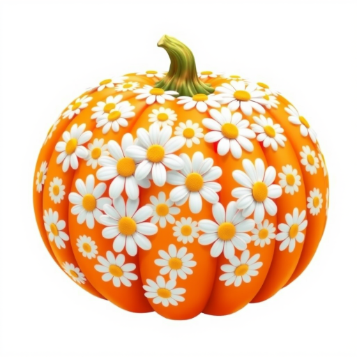 a whimsical orange pumpkin with white daises pattern covering the pumpkin. Solid white background sublimation vector 3000dpi 32k