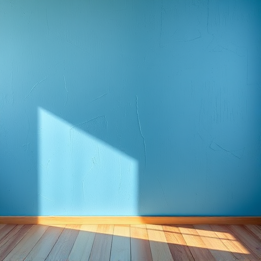Create an image of a textured blue wall with a wooden floor, using a DSLR camera at f/8, ISO 100, 24mm lens, shot from eye level in natural light to enhance image quality.