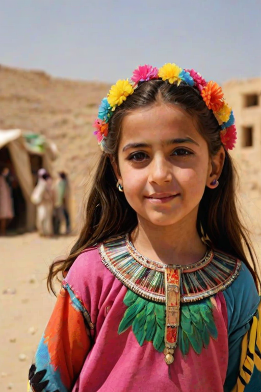 A beautiful Coptic girl, wearing colorful bird clothing with vibrant colors