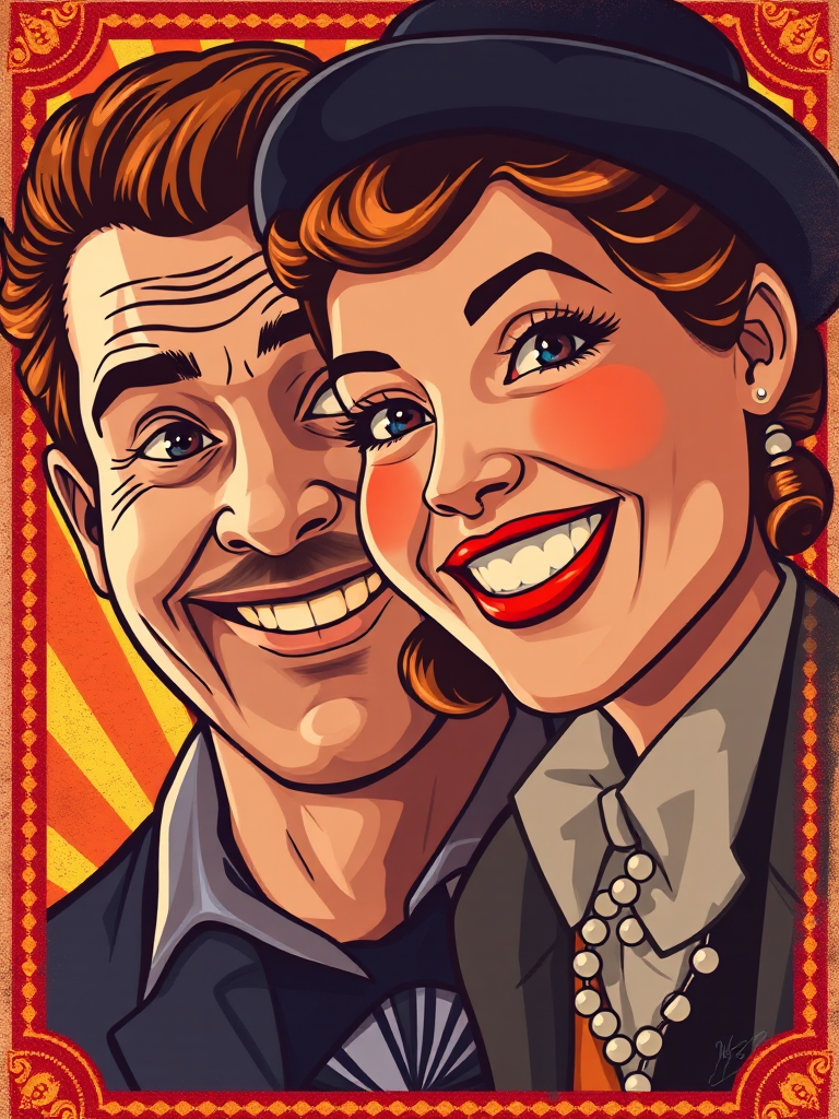 Create a high-resolution digital illustration of a vintage vaudeville poster featuring a smiling man and woman, with a colorful background, shot with a DSLR camera at f/2.8 aperture, ISO 100, 50mm lens, natural light, focus on facial expressions, vibrant colors, and enhanced texture details.