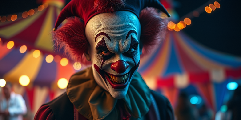 Capture a sinister clown in a vibrant circus setting at night with a 50mm lens, f/1.8 aperture, ISO 400, shallow depth of field, soft bokeh background, and dramatic lighting, emphasizing the clown's menacing expression and the colorful tent in the background.