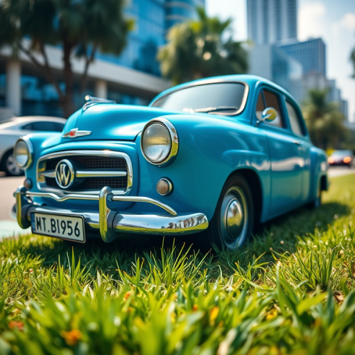 capture a vintage car in a vibrant blue color parked on lush green grass with a blurred urban background using a DSLR camera with 50mm lens, aperture f/1.8, ISO 100, and soft focus for depth, shooting from a low angle to emphasize the car's features and reflections in bright daylight
