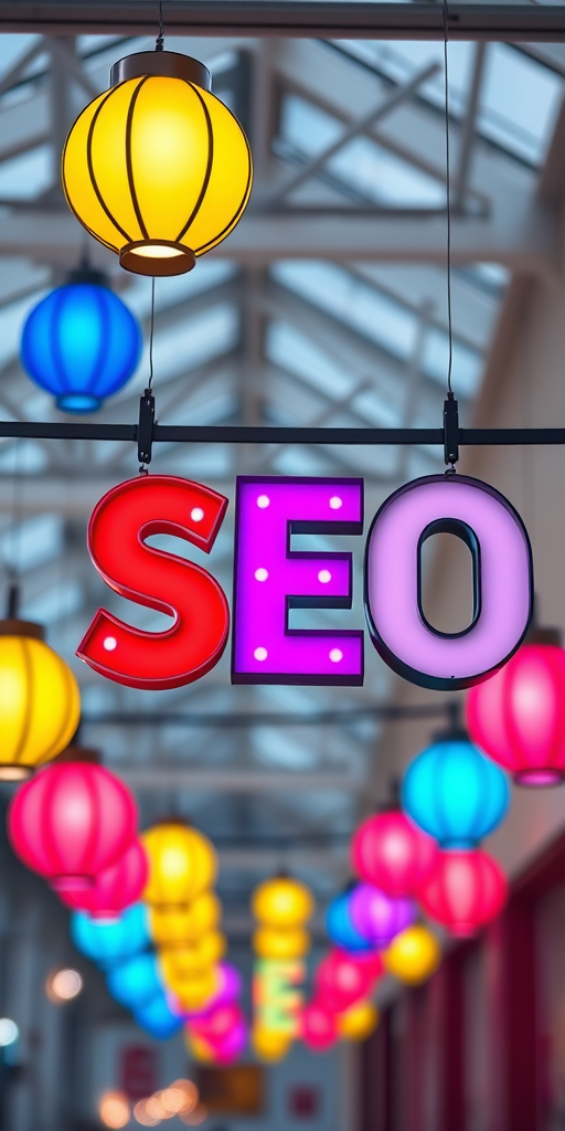 Generate an image of the word "SEO" displayed on colorful hanging signs with a bright background, using a DSLR camera, 50mm lens at f/1.8, ISO 100, and a 1/250s shutter speed for sharp detail and vibrant colors.