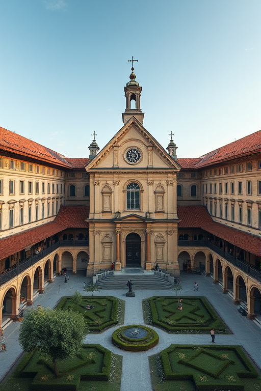 regenerate the image of a historical building complex with a large central church and adjacent structures, captured with a Canon EOS R5, 35mm lens, f/8 aperture, ISO 100, in daylight, wide-angle view for depth and detail, high dynamic range for vibrant colors and contrast