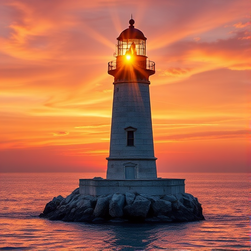 Generate an image of a tall lighthouse perched on a rocky outcrop surrounded by calm ocean waters during a breathtaking sunset. The lighthouse stands sturdy and weathered, its stone surface illuminated by the warm golden light of the setting sun. The sun's rays pass directly through the glass lantern room at the top of the lighthouse, casting a brilliant light across the scene. The sky is painted with vibrant shades of orange, pink, and purple, reflecting off the tranquil sea. The surrounding water shimmers with the same warm hues, creating a serene and majestic atmosphere.