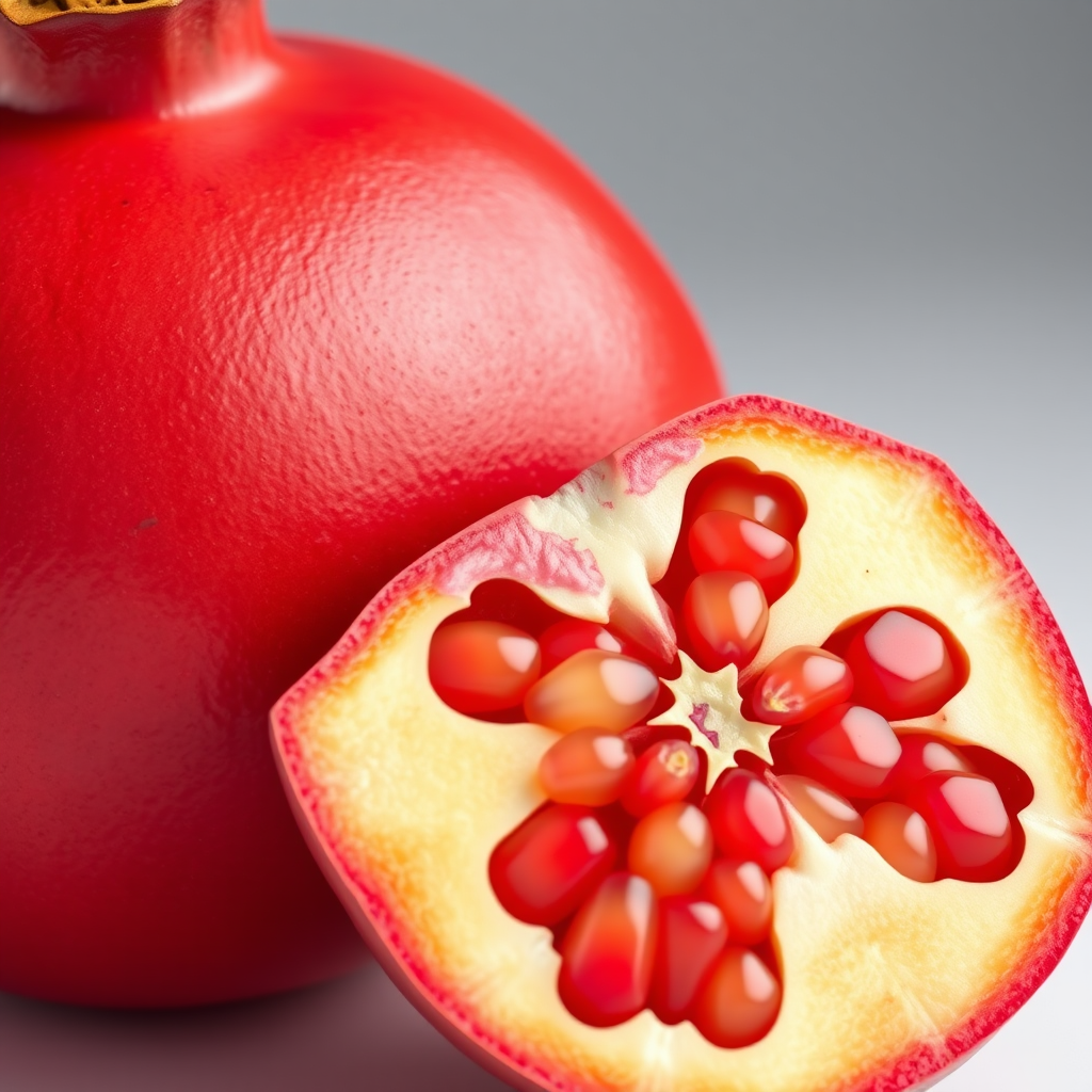 high-resolution 3D render of a pomegranate fruit and its cross-section, vibrant colors, smooth textures, soft lighting, close-up shot, macro lens, DSLR camera, f/2.8, ISO 100, 50mm focal length, natural light.
