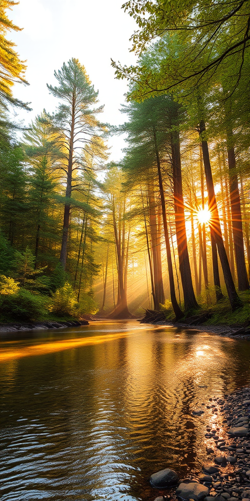 Create an image of a serene, sunlit forest scene with a clear, gently flowing river. Tall trees with lush green foliage line both sides of the river, their leaves bathed in the warm golden light of the setting or rising sun. The sunlight filters through the trees, casting soft, dappled light on the river, which flows over smooth rocks and pebbles, creating a peaceful, natural atmosphere. The sky is bright with a few scattered clouds, and the overall mood is tranquil, evoking a deep sense of connection with nature. The image captures the beauty of a calm, pristine forest landscape at either dawn or dusk.