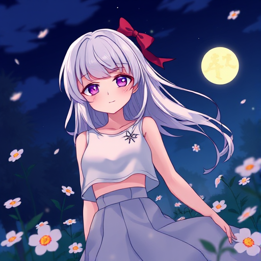 masterpiece, best quality, 1girl, white hair, purple eyes, glowing eyes, crop top, skirt, parted lips, blush, night, flowers, sun, sunlight,