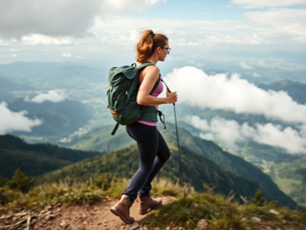 Blurry action shot of a woman hiking up a mountain trail, wearing a backpack and sturdy boots, with panoramic views of the valley below, and soft clouds drifting above.
