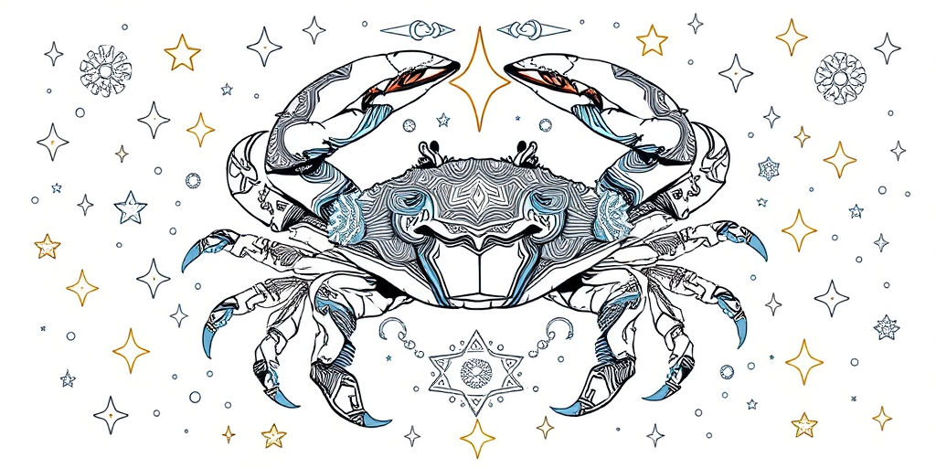 A detailed illustration of a crab surrounded by stars and cosmic elements, intricate line art style, high-resolution, shot with a Canon EOS R5, 50mm lens, f/1.8 aperture, ISO 100, studio lighting.