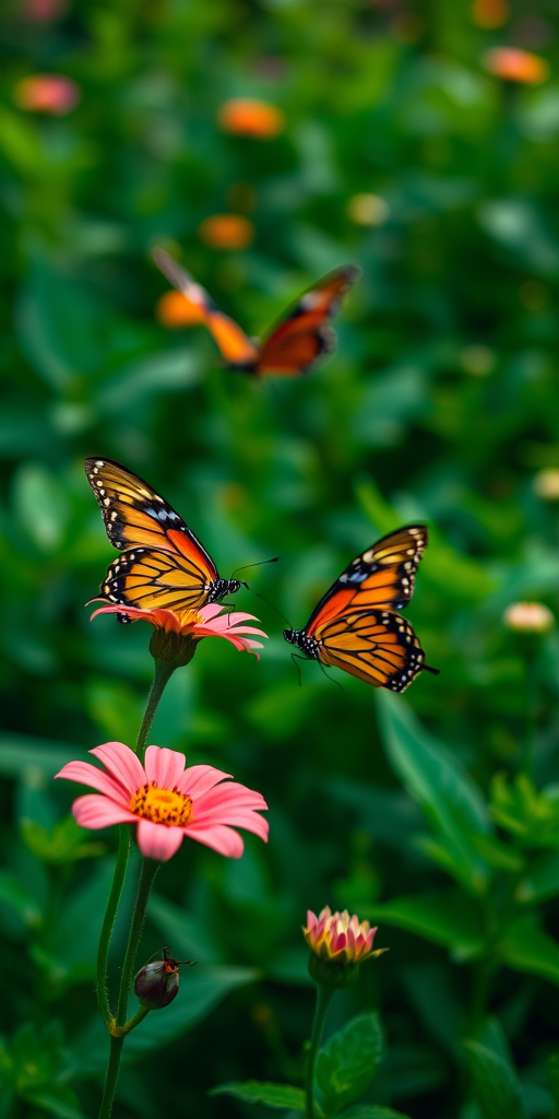 Generate an image of two butterflies in a lush green garden. One butterfly is in clear focus resting on a flower, while the other is slightly blurred in motion nearby. The background should be filled with vibrant green foliage to create a serene natural setting.