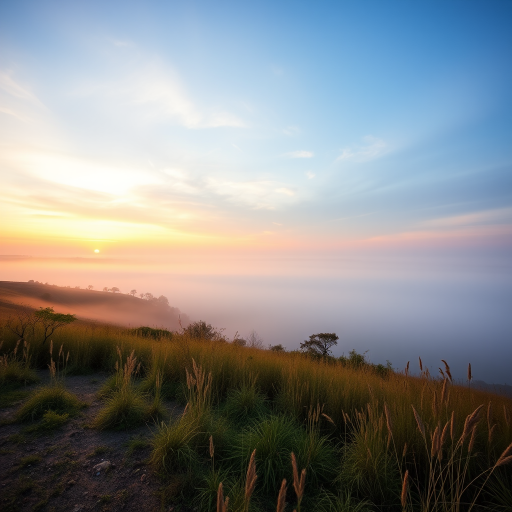 Create a high-resolution image of a serene landscape at sunrise with a gentle fog rolling over a lake, captured with a DSLR camera at f/8 aperture, ISO 100, 1/200 sec shutter speed, wide-angle lens, and soft focus for enhanced depth.