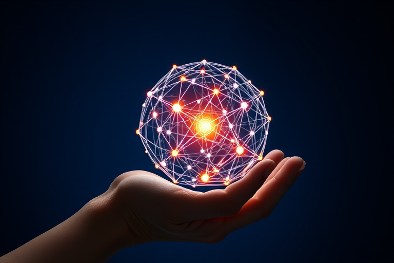 Create a digital artwork of a glowing sphere made of interconnected lines and dots representing a network, held in a hand against a dark blue background with binary code floating behind it, shot with a DSLR camera at 50mm, f/1.8 aperture, ISO 100, and a soft-focus effect.