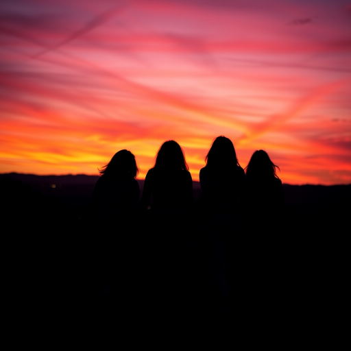 Four silhouettes of women walking hand in hand at sunset, with a vibrant orange and purple sky, photographed with a Canon EOS R5, 35mm lens, f/8 aperture, ISO 100, at dusk, capturing the warm glow and scenic background.