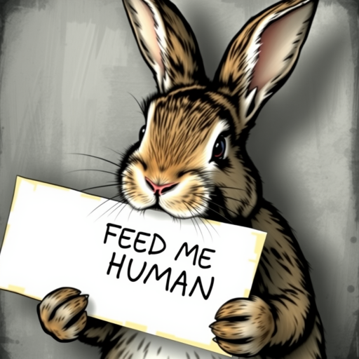 rabbit holding a note which says "FEED ME HUMAN"