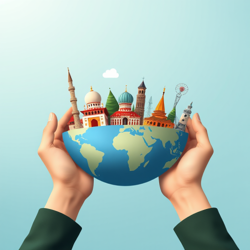 Create an illustration of a globe held by hands, featuring iconic landmarks from various cultures such as a mosque, pagoda, and cathedral, with a smooth gradient background and soft shadows, captured with a DSLR camera at f/8, ISO 200, 50mm lens, using a high dynamic range style.