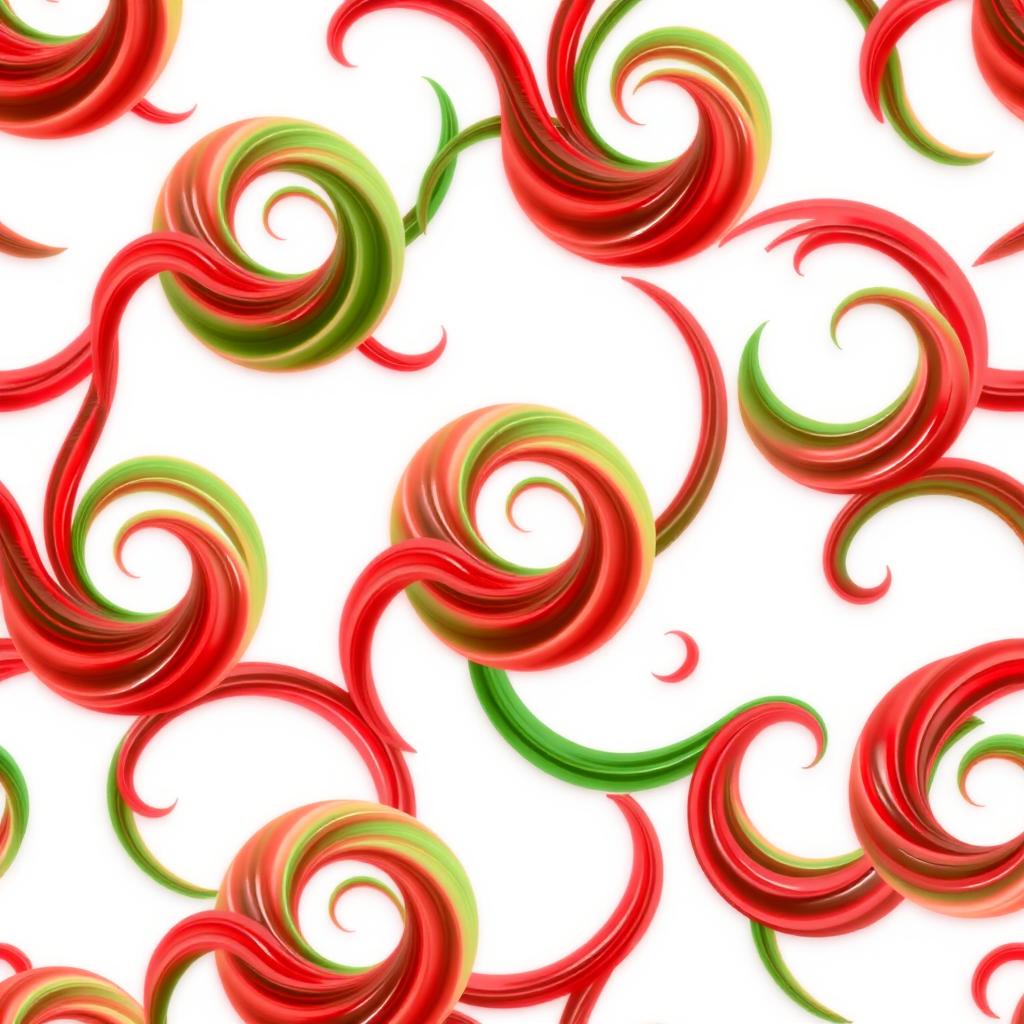 generate a seamless pattern of intertwined red and green swirls on a white background, using a professional DSLR camera, aperture f/8, ISO 100, focal length 50mm, top-down view, studio lighting to enhance vibrancy and clarity