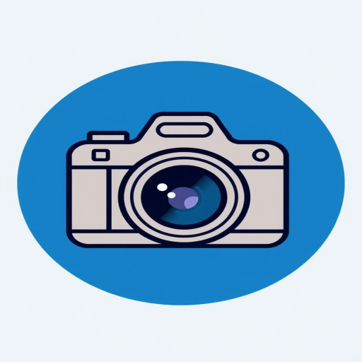 Regenerate a simplified image of a camera icon with a blue circular background, using a high-resolution digital camera setting of f/2.8 aperture, ISO 100, focal length of 35mm, top-down view, and vector style for crisp lines and vibrant colors.