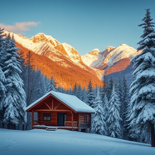 Generate a winter landscape scene featuring a cozy cabin in a snow-covered forest with majestic mountains in the background, shot with a DSLR camera at f/8 aperture, ISO 100, shutter speed 1/250s, in golden hour lighting for warm tones, using a wide-angle lens for a sweeping view.