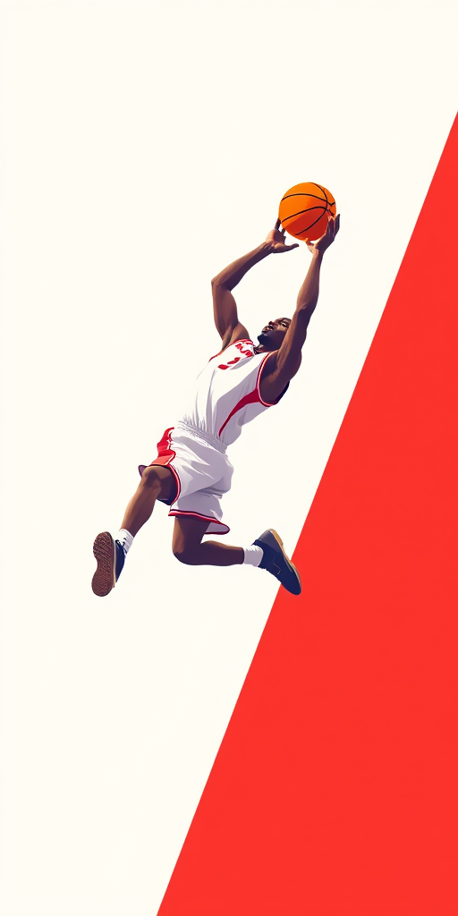 Create a digital illustration of a basketball player in mid-jump shooting a basketball with a minimalistic background featuring contrasting colors, using a Canon EOS R5, 35mm f/1.4 lens, ISO 100, aperture f/5.6, and a high-resolution setting for vibrant colors and sharp details.
