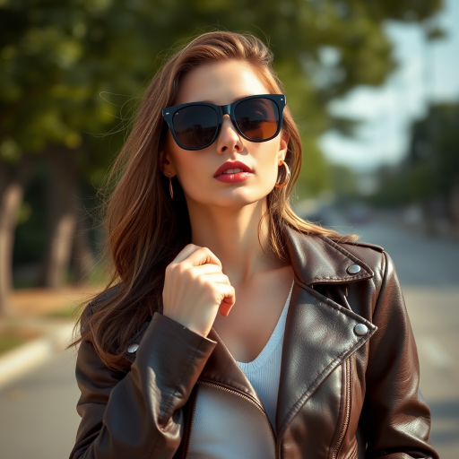 Outdoor shot, stunning female model, vintage leather jacket, sunglasses, cinematic effect, Position the camera at the model’s eye level using a 35mm f/1.4 lens