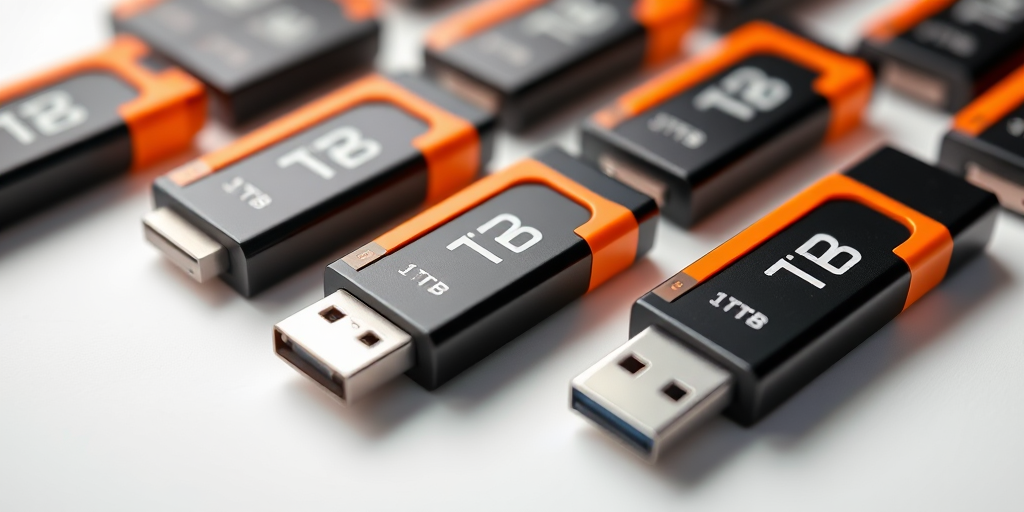 create a high-resolution image of several USB drives with a sleek black and orange design, displaying "1 TB" prominently on each drive, shot with a Canon EOS R5 at f/2.8, ISO 100, with a clean white background and soft studio lighting to enhance the details and shadows
