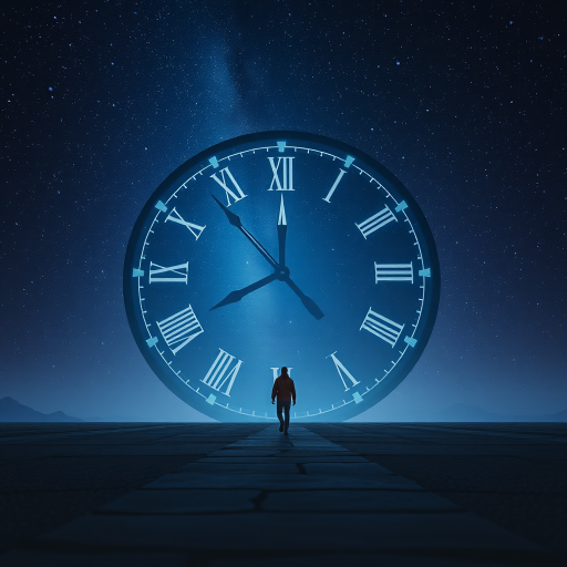 Generate a surreal image of a lone figure walking towards a massive clock surrounded by a starry cosmos, shot with a Canon EOS R5, 24mm f/1.4 lens, aperture f/2.8, ISO 100, with a shallow depth of field for a dreamy effect.